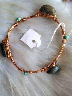 Copper Wire Bracelet with Sea Jasper, And Moss Agate  Accent Stones